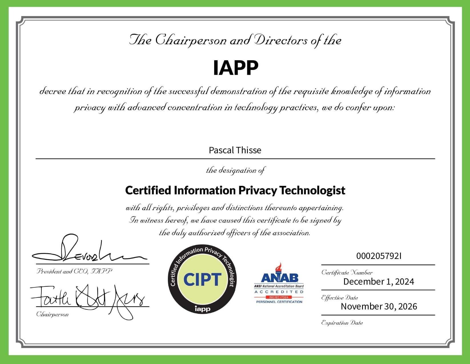 Certificat CIPT de Pascal Thisse Certificat CIPT de Pascal Thisse